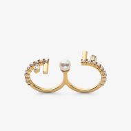 Fendi First Double Ring In Metal with Crystals and Pearls Gold