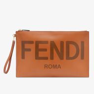 Fendi Large Flat Clutch In Roma Logo Calf Leather Brown