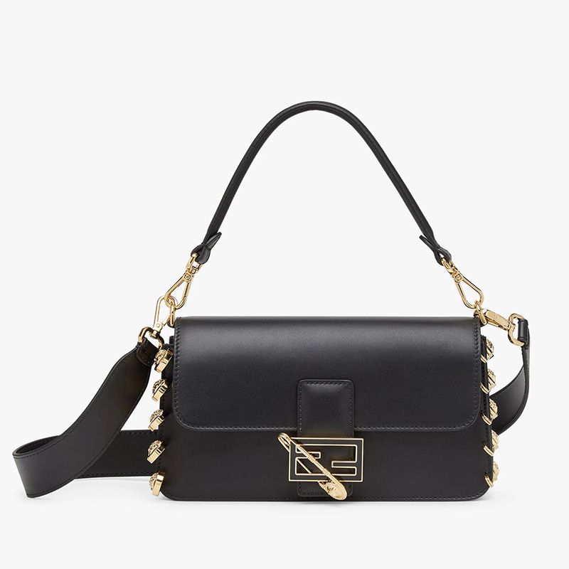 Fendi Medium Baguette Bag In Calf Leather with Fendace Pin Brooches Black