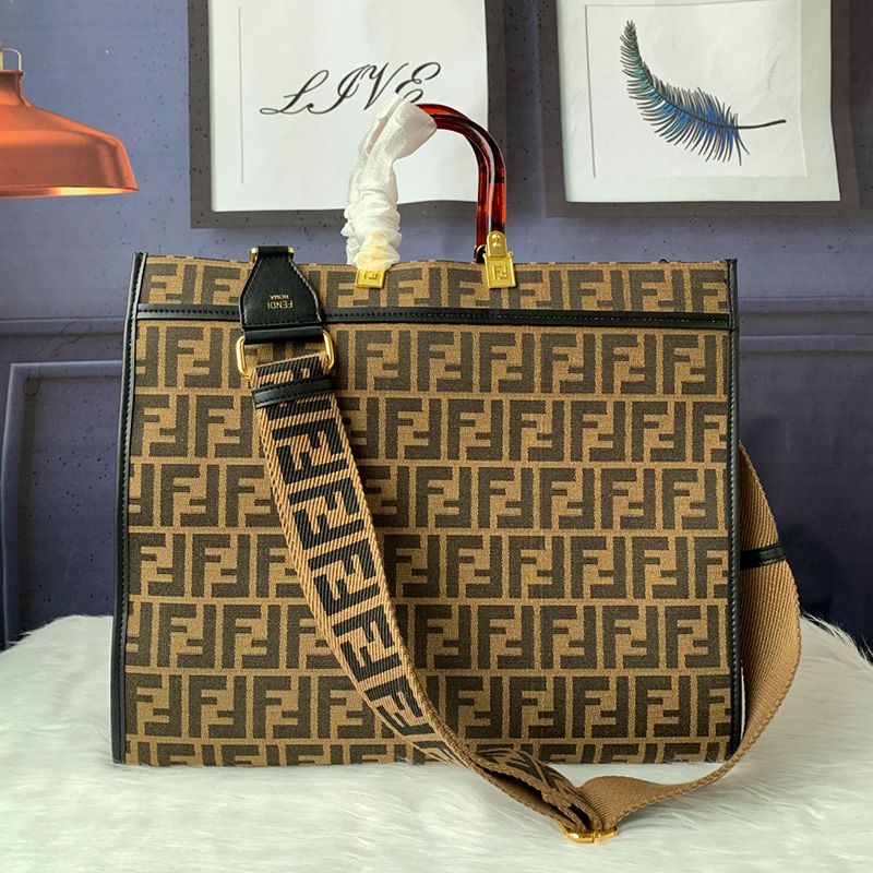 Fendi Large Sunshine Shopper Bag In FF Motif Fabric Coffee