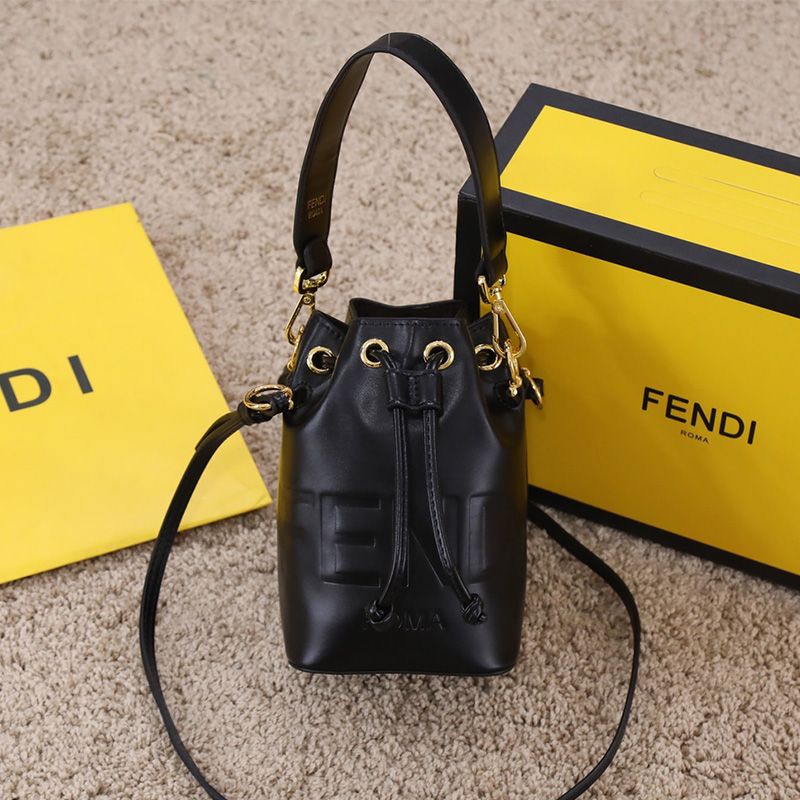 Fendi Mini Mon Tresor Bucket Bag In ROMA Logo Calf Leather Black