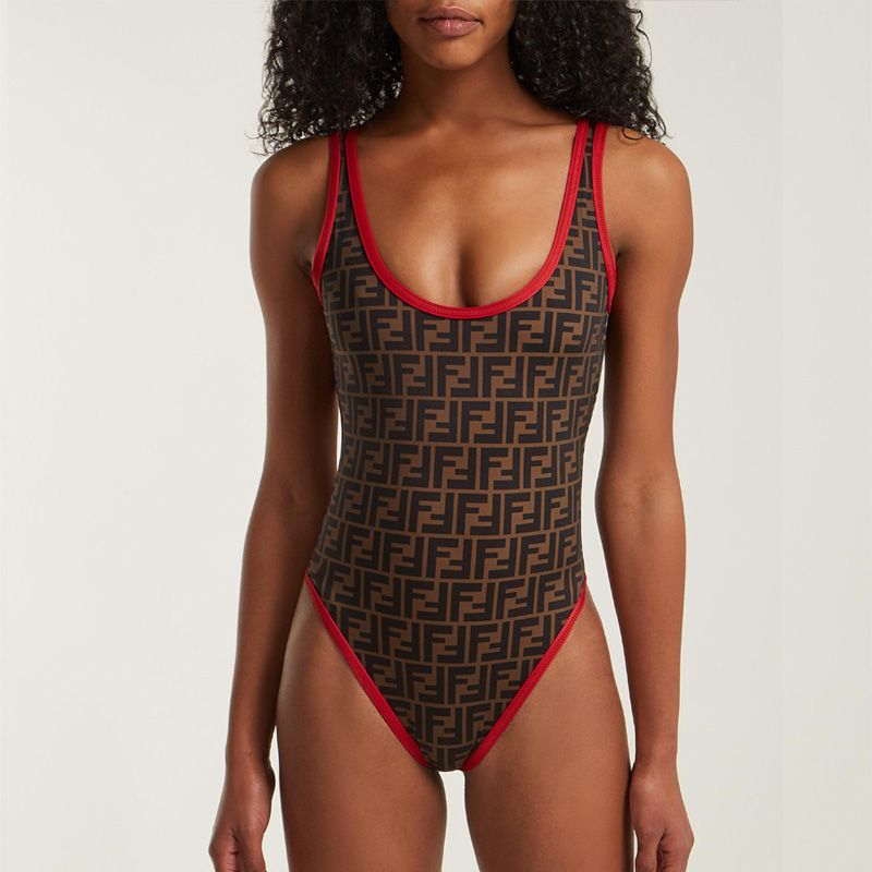 Fendi Swimsuit Women FF Motif Lycra Brown Red