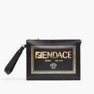 Fendi Flat Pouch In Fendace Logo Calf Leather Black