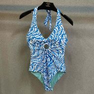 Fendi Halterneck Swimsuit Women FF Vertigo Motif Lycra Sky Blue