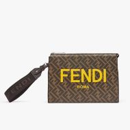 Fendi Clutch Pack In Roma Logo FF Motif Fabric Brown