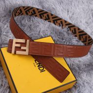 Fendi FF Buckle Reversible Belt In FF Motif Fabric and FF Motif Nappa Leather Brown/Gold