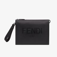 Fendi Flat Pouch In Roma Logo Calf Leather Black