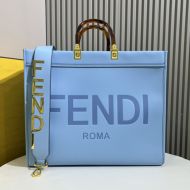 Fendi Large Sunshine Shopper Bag In ROMA Logo Calf Leather Sky Blue