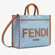 Fendi Medium Sunshine Shopper Bag In ROMA Logo Fendi Motif Denim Blue