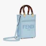 Fendi Mini Sunshine Shopper Bag In ROMA Logo Calf Leather Sky Blue
