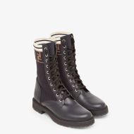 Fendi Rockoko Combat Boots Women Leather with FF Stripes Stretch Fabric Black/White