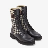 Fendi Rockoko Combat Boots Women Leather with Vichy Motif Stretch Fabric Beige