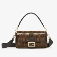 Fendi Medium Baguette Bag In FF Motif Fabric with Sequins Brown