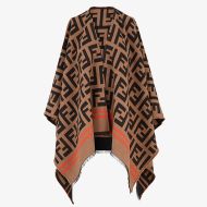 Fendi Poncho In FF Motif Wool and Silk Brown