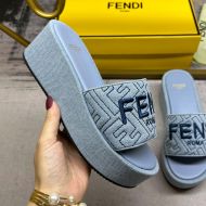 Fendi Sunshine Flatform Slides Women FF Motif Denim Sky Blue