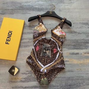 Fendi Reversible Swimsuit with Safety Pin Brooch Women Fendace FF Motif Lycra Brown