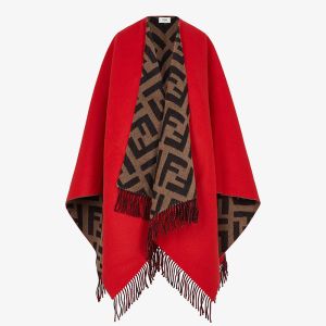 Fendi FF Reversible Poncho In Wool and Cashmere Red