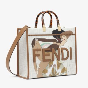 Fendi Medium Sunshine Shopper Bag In Girls Graphics FF Motif Fabric White
