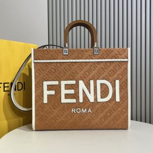 Fendi Medium Sunshine Shopper Bag In ROMA Logo Fendi Motif Denim Brown