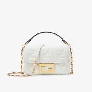 Fendi Mini Baguette Bag In FF Motif Nappa Leather White