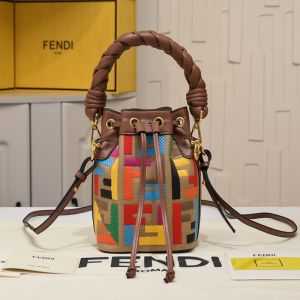 Fendi Mini Mon Tresor Bucket Bag with Woven Handle In FF Motif Canvas Brown
