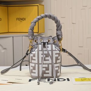 Fendi Mini Mon Tresor Bucket Bag with Woven Handle In FF Motif Canvas Grey