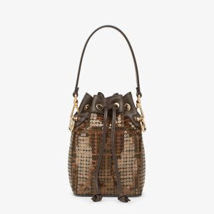 Fendi Mini Mon Tresor Bucket Bag In FF Motif Fabric with Sequins Brown