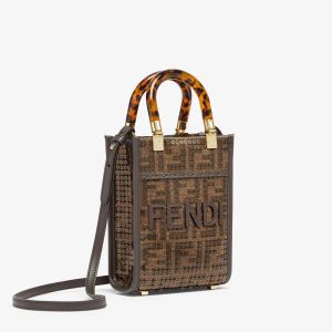 Fendi Mini Sunshine Shopper Bag In FF Motif Fabric with Sequins Brown