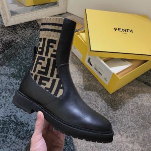 Fendi Rockoko Ankle Boots Women Leather with FF Motif Stretch Fabric Brown