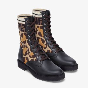 Fendi Rockoko Combat Boots Women Leather with Camo Motif Stretch Fabric Beige