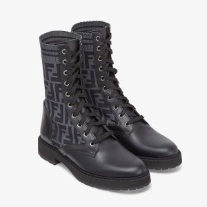 Fendi Rockoko Combat Boots Women Leather with FF Motif Stretch Fabric Black