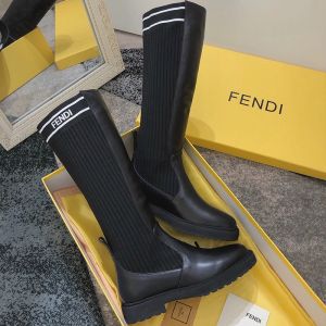 Fendi Rockoko High Ankle Boots Women Leather with FF Stripes Stretch Fabric Black/White