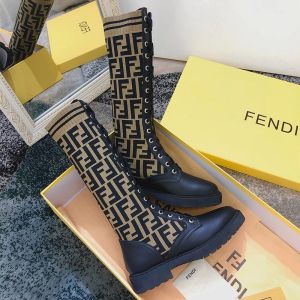 Fendi Rockoko High Combat Boots Women Leather with FF Motif Stretch Fabric Brown