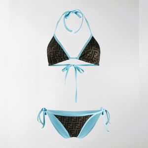 Fendi Halterneck Bikini Women FF Motif Lycra Black/Sky Blue