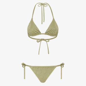 Fendi Triangular Bikini with Ties Women FF Motif Lycra Green