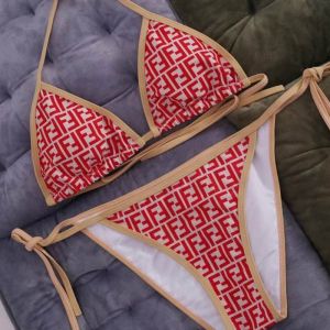 Fendi Triangular Bikini with Ties Women FF Motif Lycra Red/Khaki