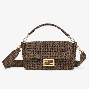 Fendi Medium Baguette Bag In Fabric Interlace Coffee