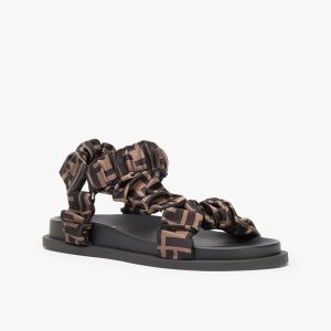 Fendi Feel Flat Sandals Women FF Motif Satin Brown