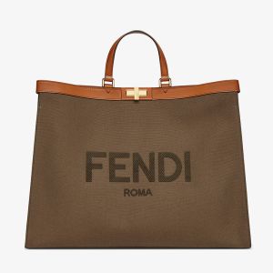 Fendi Medium Peekaboo X-Tote In ROMA Logo Canvas Brown