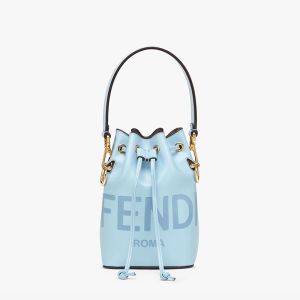 Fendi Mini Mon Tresor Bucket Bag In ROMA Logo Calf Leather Sky Blue