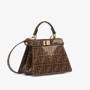 Fendi Petite Peekaboo ISeeu Bag In FF Motif Fabric with Sequins Brown