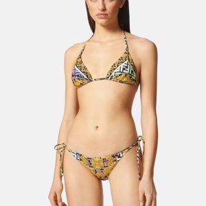 Fendi Triangular Bikini with Ties Women Fendace Baroque Motif Lycra Black