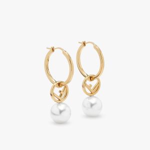 F Is Fendi Hoop Earrings In Metal with Pearls Gold